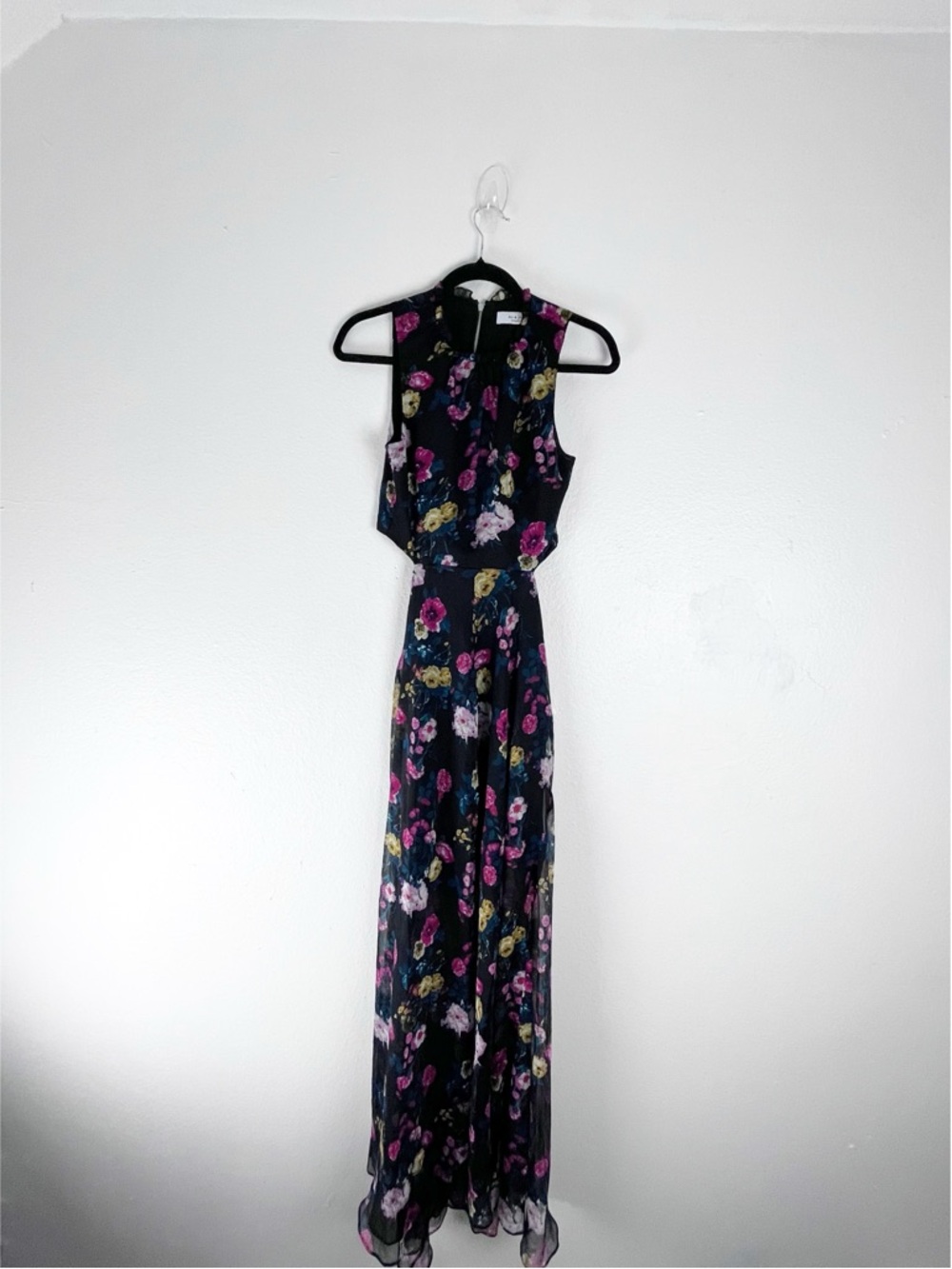 ALI & JAY Black Floral Sheer Back Cutout High Low Hem Maxi Dress Small Boho